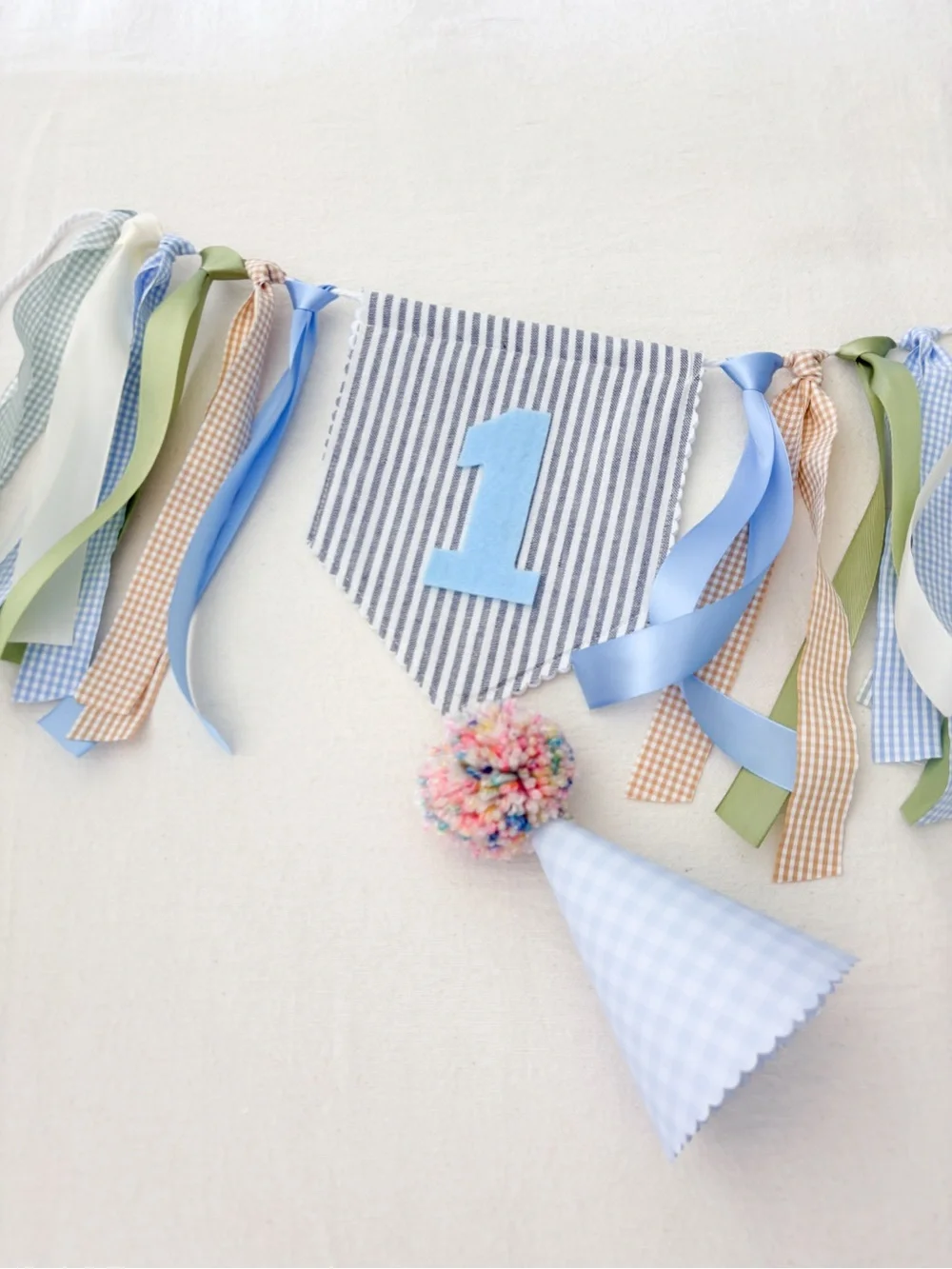 Blue LINEN First Birthday Party Banner and Hat Set by
